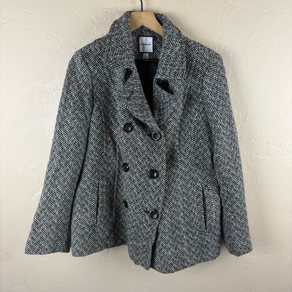 Croft & Barrow Black and White Pea Coat Double Breasted Tweed Herringbone Large